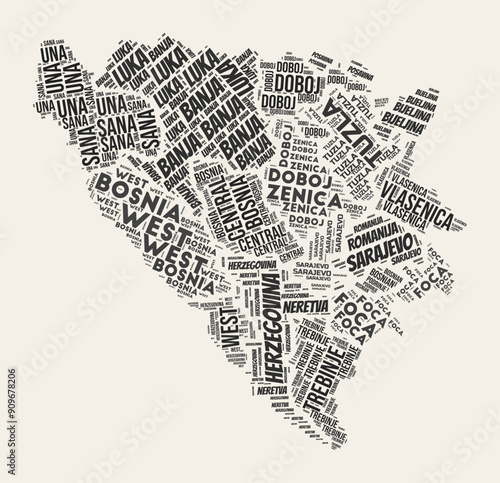 Bosnia and Herzegovina Word Cloud. Country with regional divisions. Bosnia and Herzegovina typographic text clouds vector image design in a vintage gazette style.