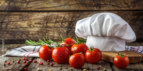 White chef hat with red tomato on rustic. AI generation