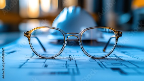 White Hard Hat, Blueprints, and Glasses on a Table. Essential Tools for Architects