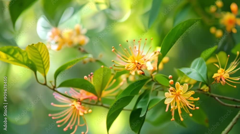 Close up of yellow flowers and green leaves with bokeh background Close up of yellow flowers and green leaves with bokeh background