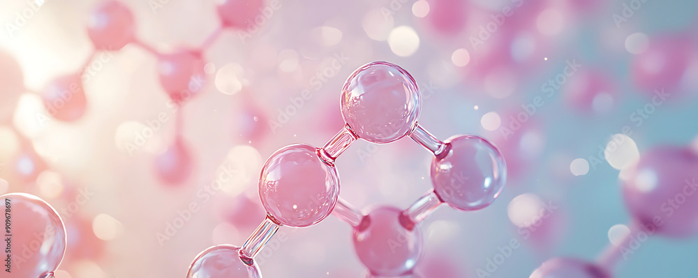 A detailed close-up of a pink molecular structure, representing collagen, retinol, or ceramide used in cosmetic products