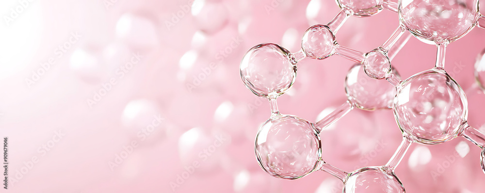 A detailed close-up of a pink molecular structure, representing collagen, retinol, or ceramide used in cosmetic products
