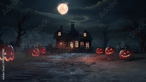 Spooky Halloween haunted house with bats, and pumpkins under scary full moon