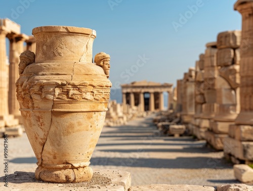 ancient greek amphoras jar in ruins of temple at sunset with blurred columns and sea in background. photo