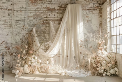 romantic elegance personified ethereal wedding backdrop bathed in soft light delicate bridal textiles creating dreamy atmosphere for timeless nuptial celebrations