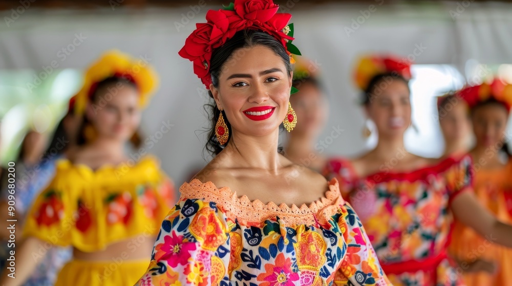 Fototapeta premium beautiful woman in traditional mexican dress with floral headband and earrings smiling at the camera during a performance or celebration.