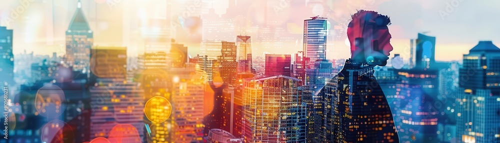 Silhouette of a man standing in front of a colorful cityscape. Silhouette of a man standing in front of a colorful cityscape.