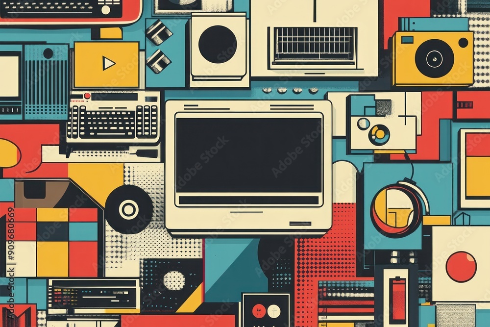 Pop art-inspired flat illustration with a retro feel, featuring a bold background of vibrant colors and iconic tech imagery. The artwork includes a mix of abstract shapes and vintage elements, Pop art-inspired flat illustration with a retro feel, featuring a bold background of vibrant colors and iconic tech imagery. The artwork includes a mix of abstract shapes and vintage elements,