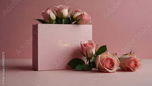 Beautiful bouquet of flowers in round box and pink gift box on a white table. Gift for holiday, birthday, Wedding, Mother's Day, Valentine's day, Women's Day. Floral arrangement in a hat box.
 photo