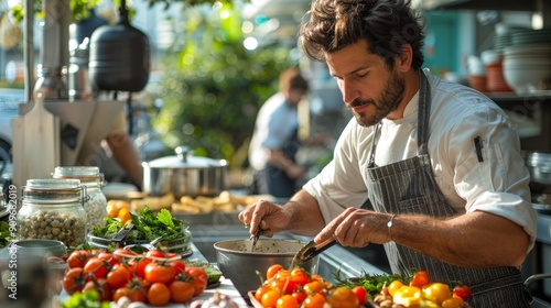 A chef preparing ingredients for a gourmet meal in a professional kitchen