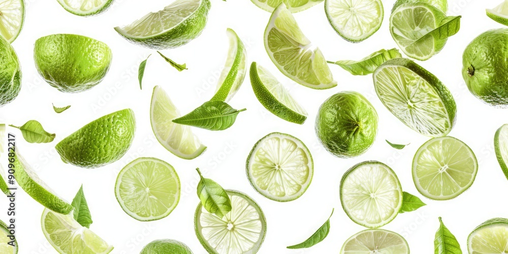 Lots of flying fresh green lemon slices. Ai generation Lots of flying fresh green lemon slices. Ai generation
