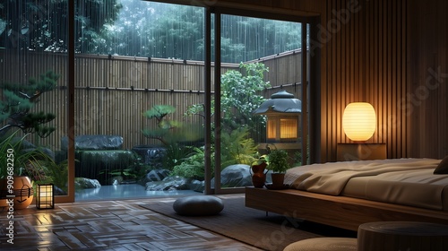 Wallpaper Mural Rain-soaked Japanese garden viewed from a modern wooden bedroom Torontodigital.ca