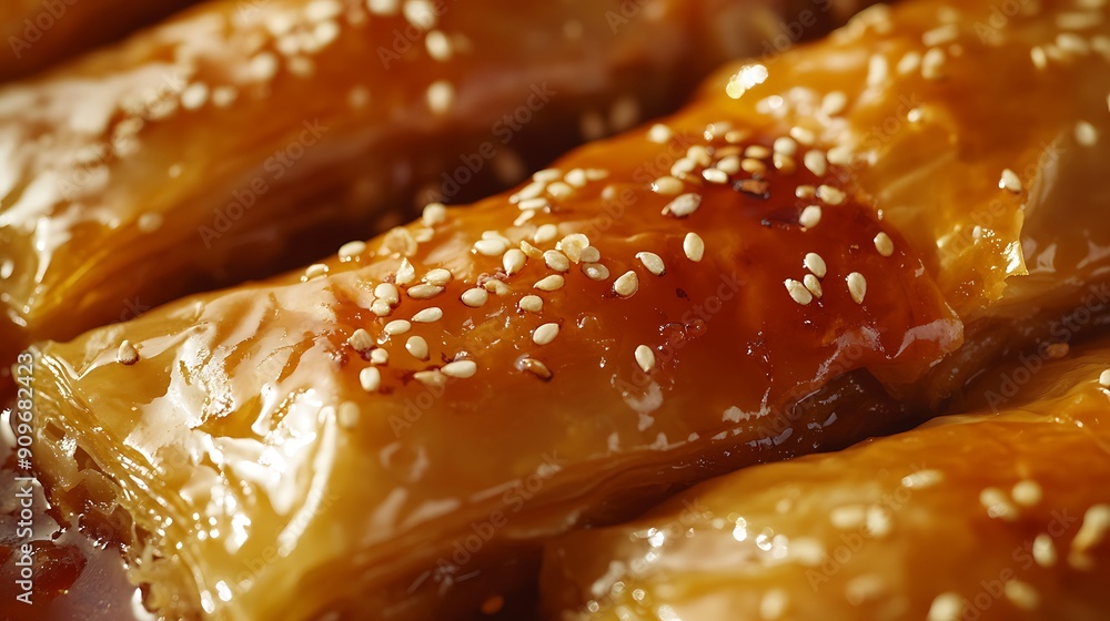 Close-up of Golden Phyllo Pastry with Sesame Seeds and Glaze Close-up of Golden Phyllo Pastry with Sesame Seeds and Glaze