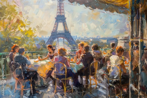 parisian cafe terrace friends sharing laughter over brunch eiffel tower in background warm sunlight impressionistic brushstrokes joie de vivre atmosphere