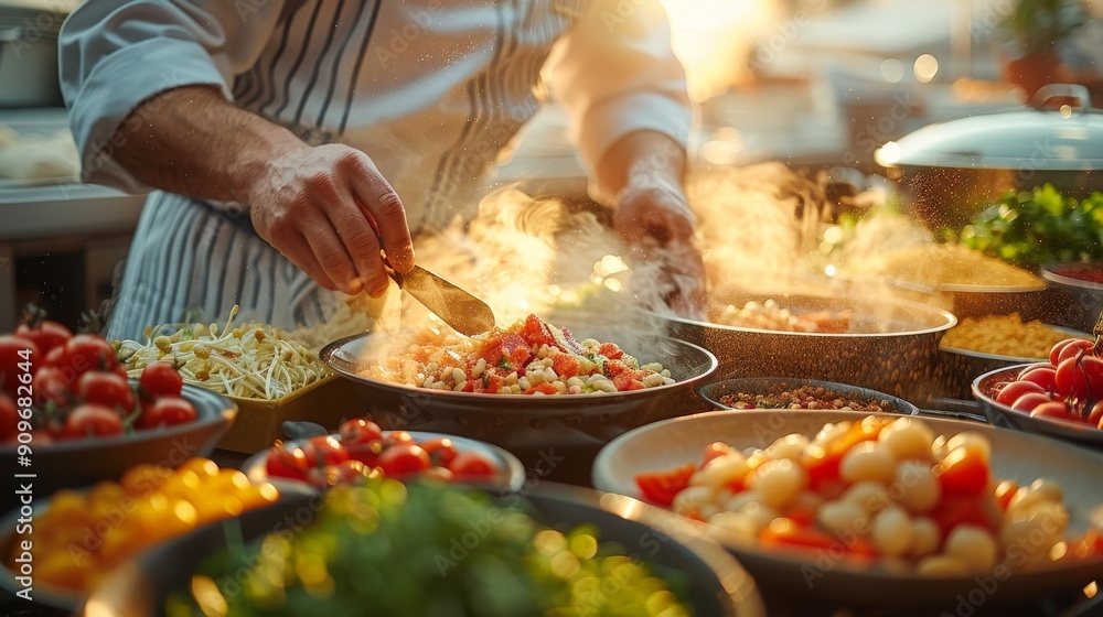 A chef preparing ingredients for a gourmet meal in a professional kitchen A chef preparing ingredients for a gourmet meal in a professional kitchen