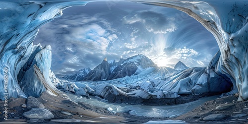 Panorama of a breathtaking glacier carving through mountains photo