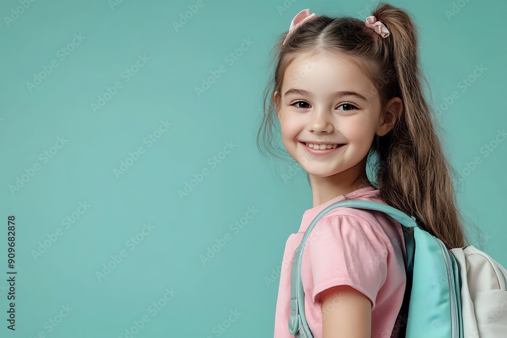 Smiling Schoolgirl with Backpack Against Solid Background Smiling Schoolgirl with Backpack Against Solid Background