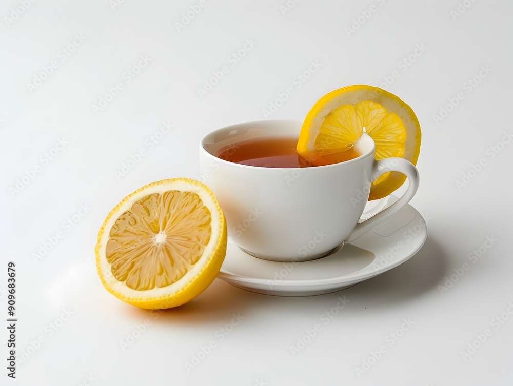 Charming Herbal Tea Cup with Lemon Slice on White Background Charming Herbal Tea Cup with Lemon Slice on White Background