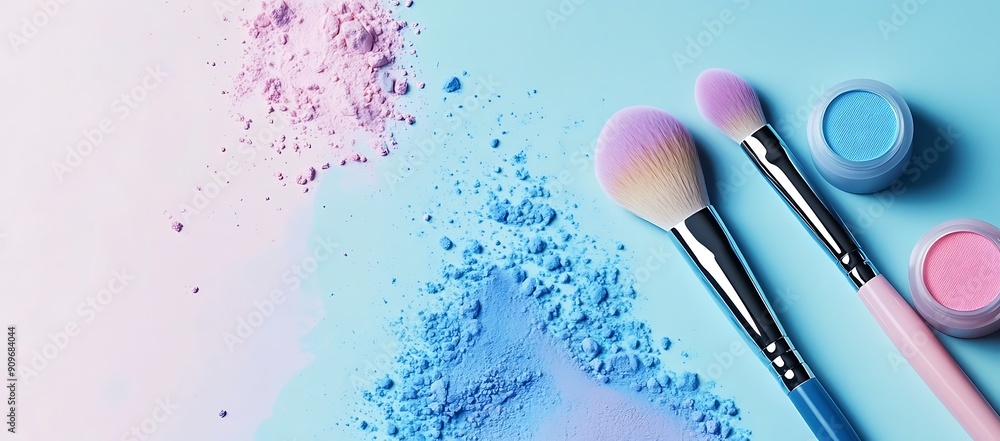 Blue and Pink Makeup Brushes and Eye Shadow on a Light Blue Background Blue and Pink Makeup Brushes and Eye Shadow on a Light Blue Background