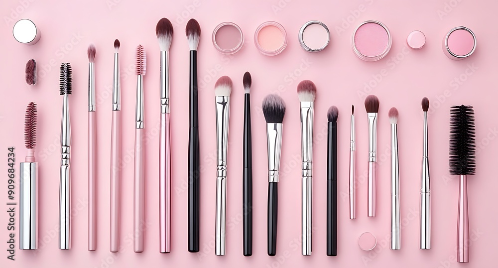 A Collection of Makeup Brushes and Containers on a Pink Background A Collection of Makeup Brushes and Containers on a Pink Background