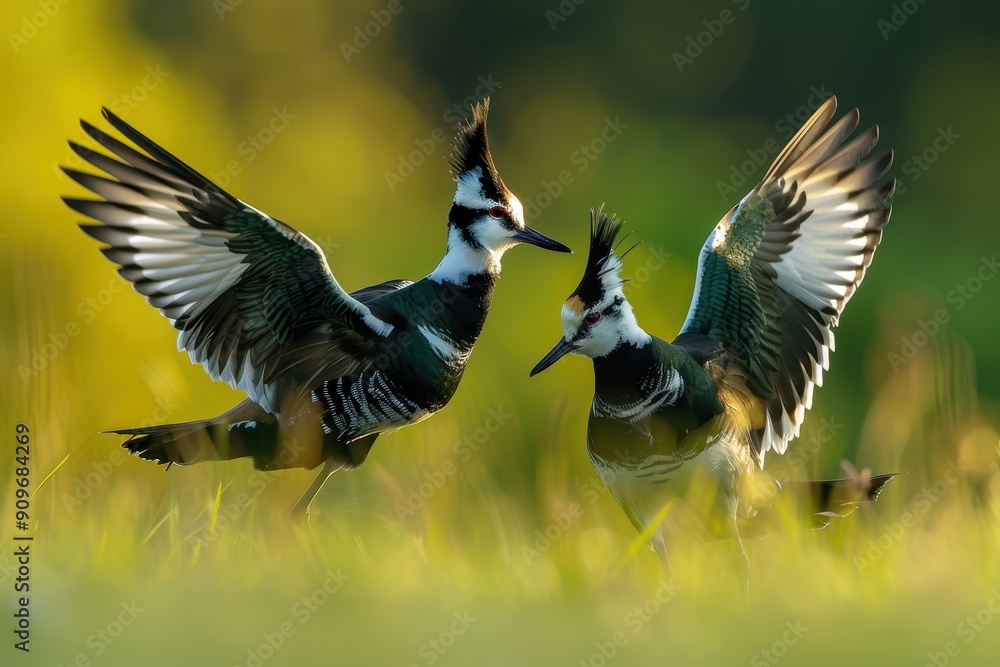 Fototapeta premium A pair of northern lapwings displaying their striking plumage while foraging in a meadow.