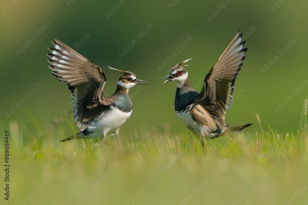 Obraz premium A pair of northern lapwings displaying their striking plumage while foraging in a meadow. 