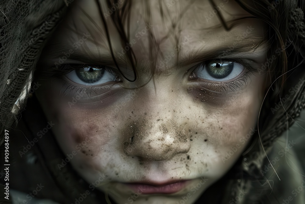 custom made wallpaper toronto digitalpoignant portrait of child poverty closeup of sad young face with haunting eyes reflecting hardship and hunger gritty emotional image highlighting social issues in desaturated tones