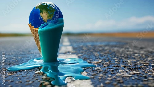 Melting Earth globe on beach, climate change and global warming concept photo