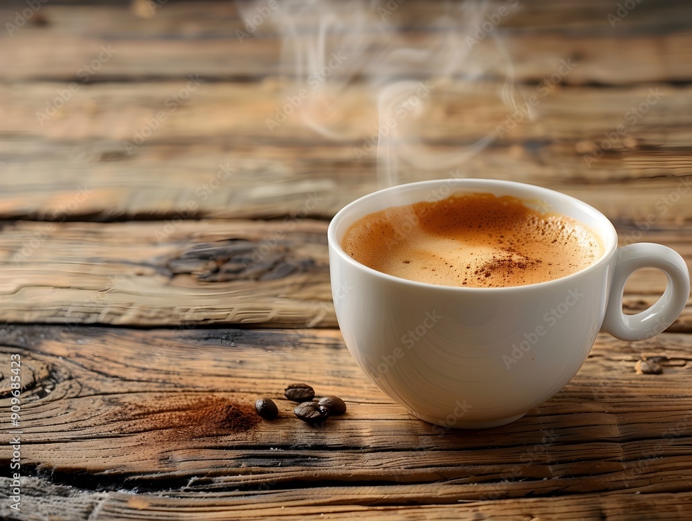 Steaming Espresso Cup on Rustic Wooden Table Rich Aroma Filling the Air Steaming Espresso Cup on Rustic Wooden Table Rich Aroma Filling the Air