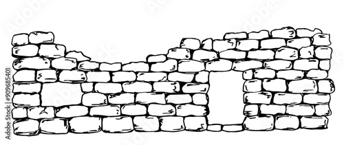 Ancient stone wall made of bricks, historical ruins, medieval castle. Simple vector drawing with black outline. Sketch in ink.