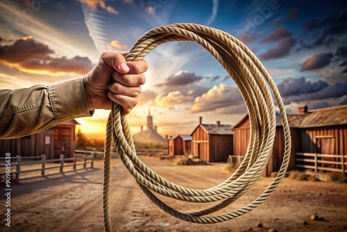 man hold lasso rope on wild west rural landscape in sunset photo