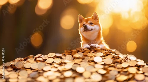 Dog scene on top of a pile of doge coins, Camera slow motion with different angles