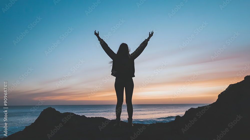 Silhouette of Individual in Triumph on Scenic Cliff at Sunset, Symbolizing Addiction Recovery and Personal Growth Silhouette of Individual in Triumph on Scenic Cliff at Sunset, Symbolizing Addiction Recovery and Personal Growth