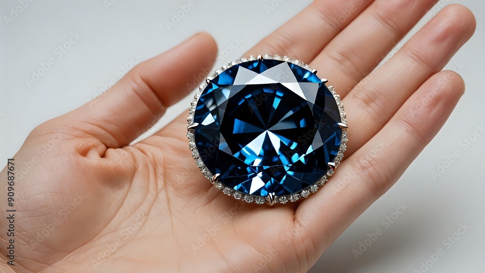 A large, deep blue sapphire gemstone is held in a hand, showcasing its brilliance and beauty. A large, deep blue sapphire gemstone is held in a hand, showcasing its brilliance and beauty.