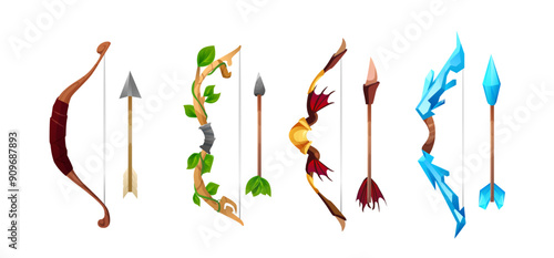 Bow with arrow vector set from various natural materials, archery or hunter tool for game asset, medieval weapon item