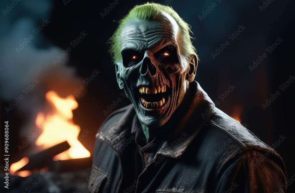 Halloween concept, horror movie scene - ghastly zombie with blazing eyes yelling amid flames. Halloween concept, horror movie scene - ghastly zombie with blazing eyes yelling amid flames.