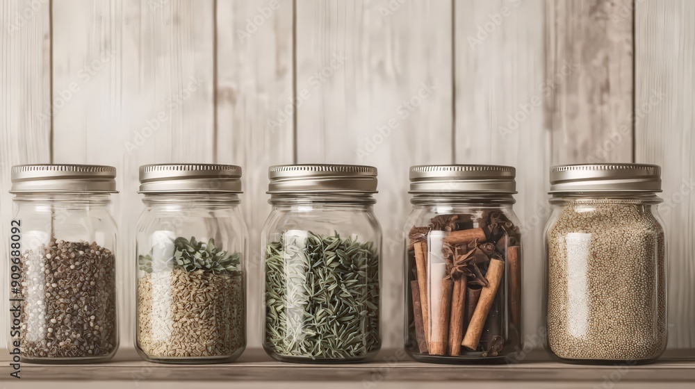 Close-up of various spices and herbs stored in glass jars with metal lids, neatly arranged on a wooden shelf in a kitchen setting. Close-up of various spices and herbs stored in glass jars with metal lids, neatly arranged on a wooden shelf in a kitchen setting.