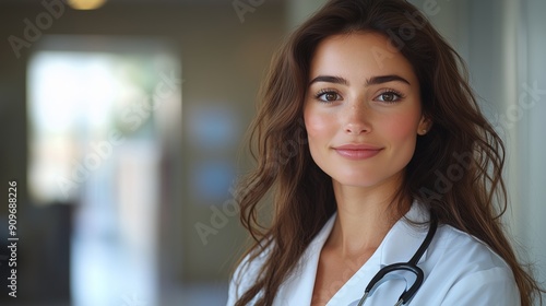 A medical professional stands in a hospital corridor, wearing a white coat and stethoscope, with a warm smile