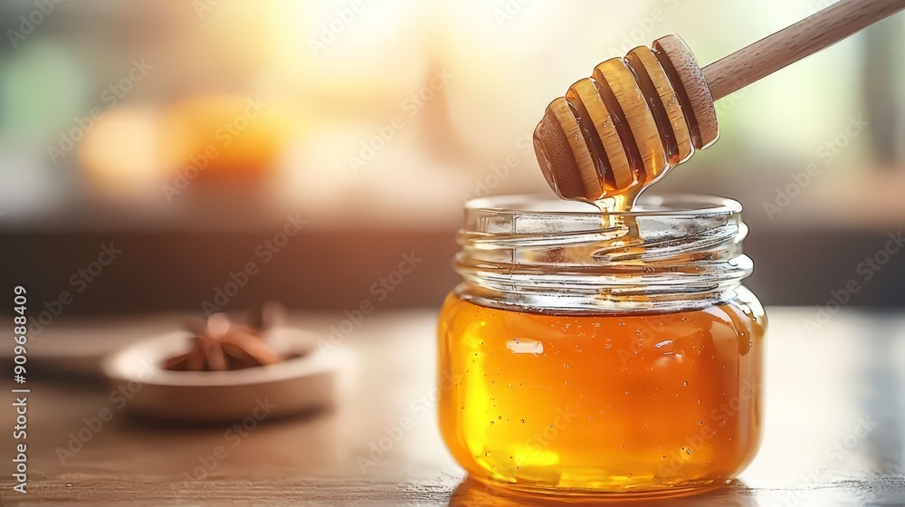 Golden honey drizzling from a wooden dipper into a glass jar, with a warm sunlit background creating a cozy atmosphere. Golden honey drizzling from a wooden dipper into a glass jar, with a warm sunlit background creating a cozy atmosphere.