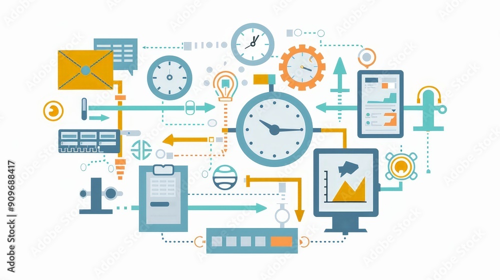 workflow systems, showcasing tools, schedules, and efficiency symbols to optimize operational processes and output. workflow systems, showcasing tools, schedules, and efficiency symbols to optimize operational processes and output.