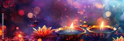 Happy Diwali. Festival of Lights in India. Diya oil lamps on a purple background. Bokeh effect. Horizontal banner. Free space for text. Deepavali, Hindu festival of lights celebration