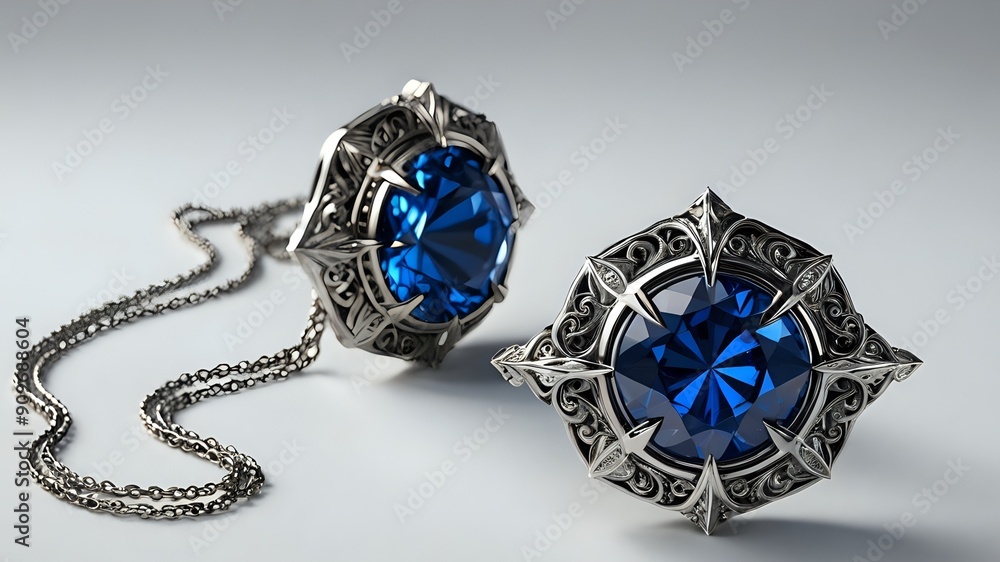 Two ornate rings with large blue sapphires. Two ornate rings with large blue sapphires.