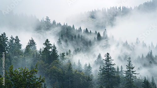 Landscape mountains forest with mist. Large jungle with cold foggy weather. AI generated.