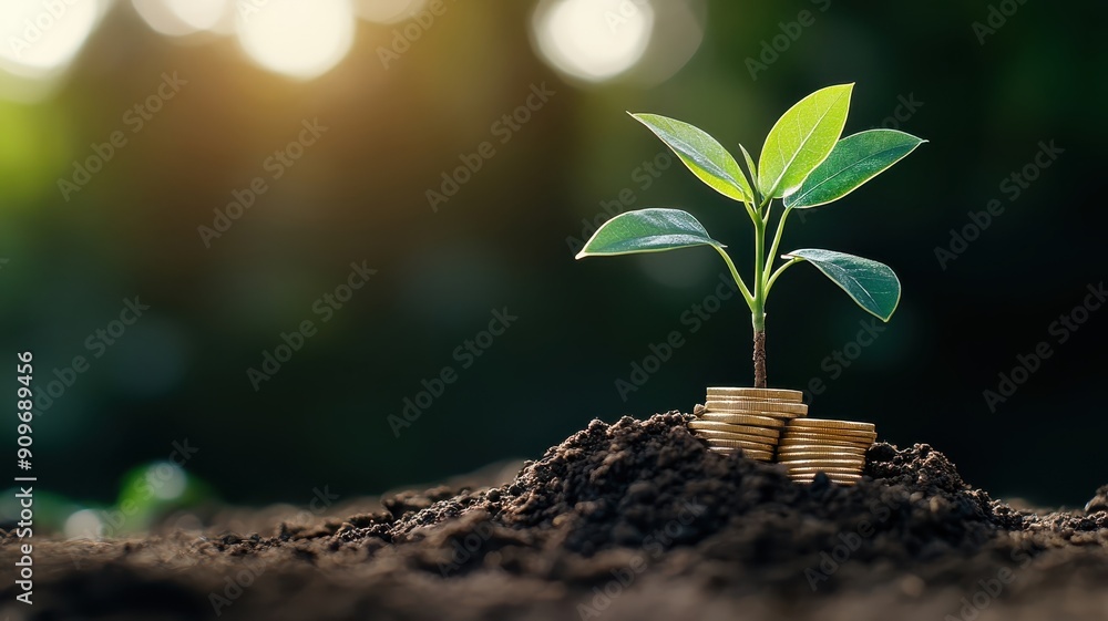 A sapling growing from coins, representing ESG investment growth. A sapling growing from coins, representing ESG investment growth.