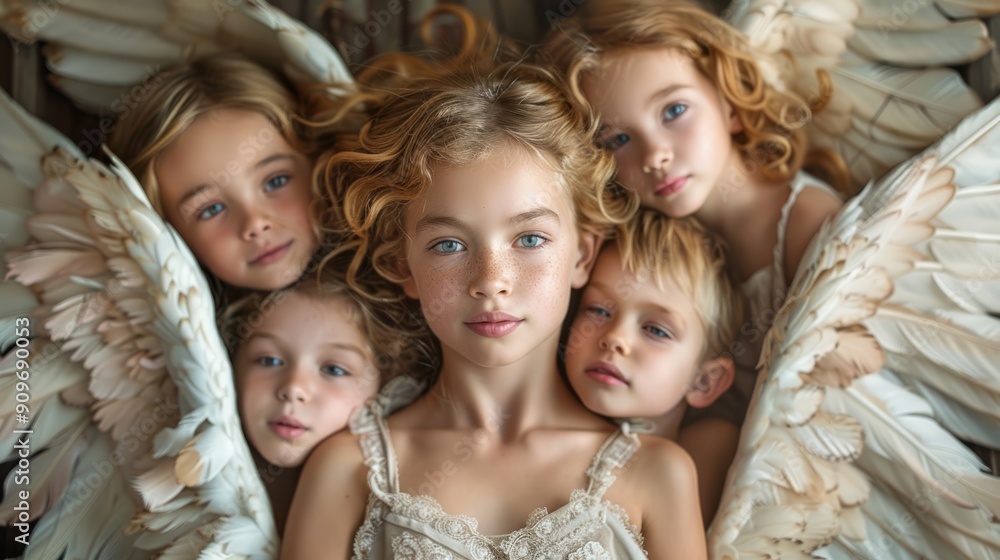 Five children with delicate angel wings pose closely together, embodying a whimsical and enchanting atmosphere Five children with delicate angel wings pose closely together, embodying a whimsical and enchanting atmosphere