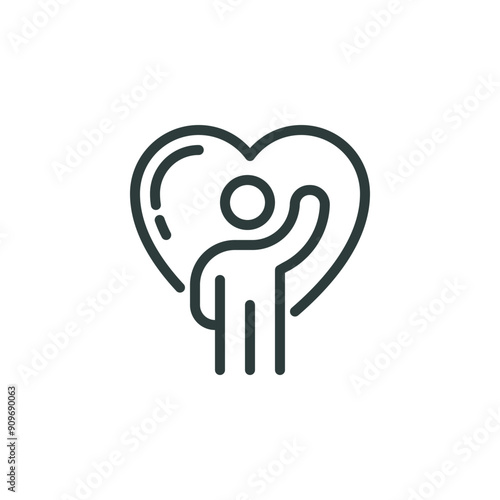 Thin outline icon man raising hand near heart symbol. Line sign greeting and goodwill, volunteering and care. Vector isolated pictogram on white background editable stroke.