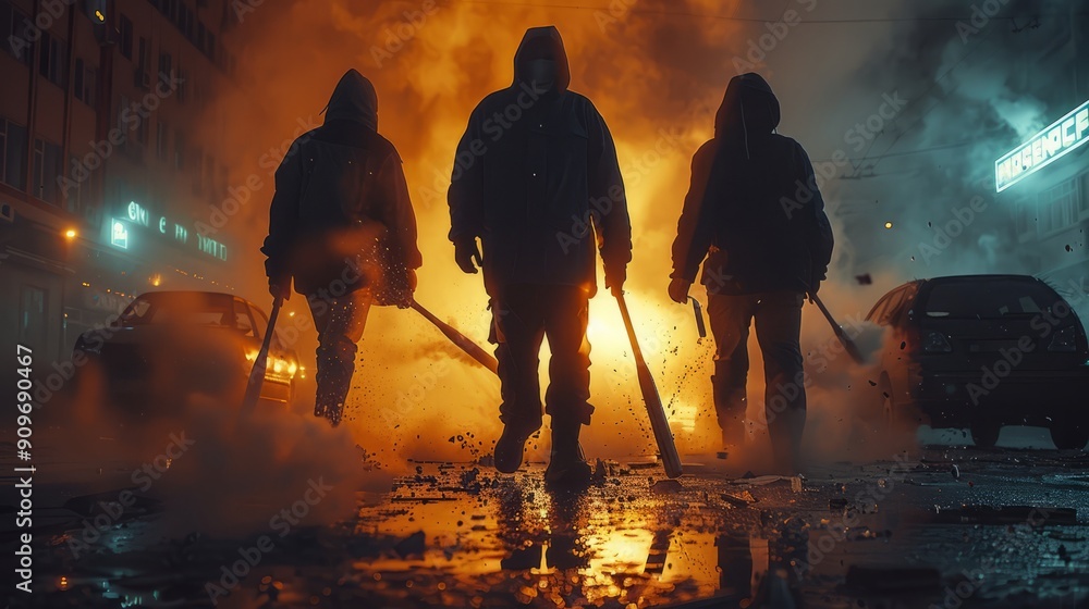 Three shadowy figures wielding bats walk through a smoky, fiery urban street, illuminated by the glow of flames and streetlights Three shadowy figures wielding bats walk through a smoky, fiery urban street, illuminated by the glow of flames and streetlights