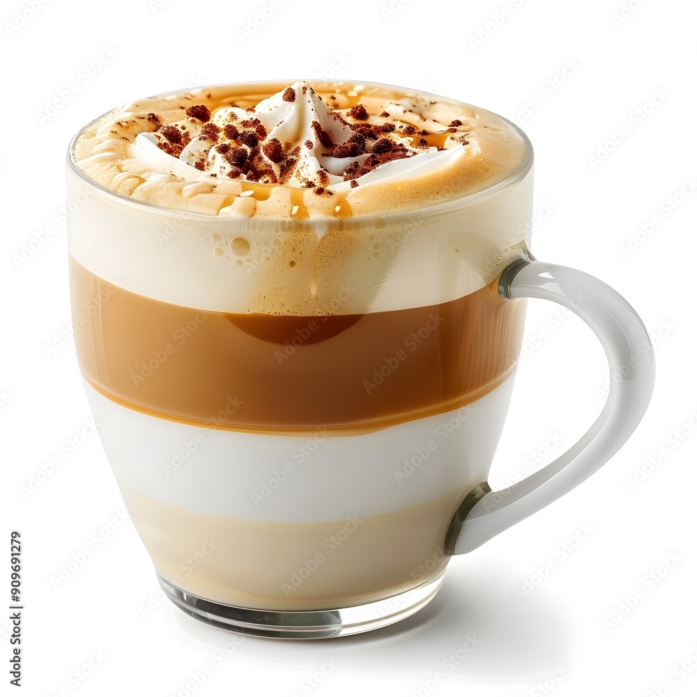 Delicious Caramel Macchiato in Porcelain Mug on White Background Delicious Caramel Macchiato in Porcelain Mug on White Background