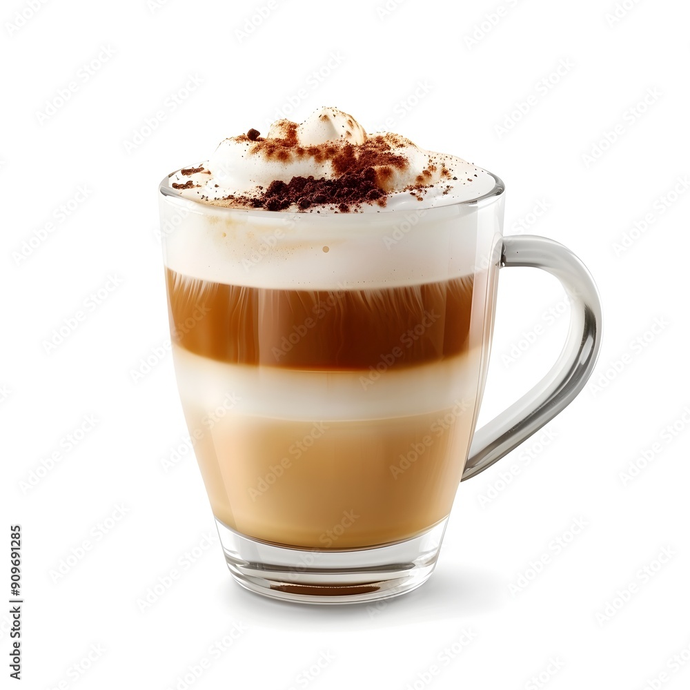 Porcelain Mug Filled with Rich Caramel Macchiato on White Background Porcelain Mug Filled with Rich Caramel Macchiato on White Background