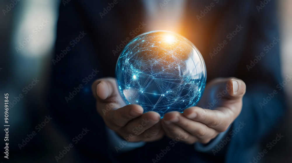A business professional holding a networked digital globe, symbolizing global connectivity and the interconnectedness of modern digital networks. A business professional holding a networked digital globe, symbolizing global connectivity and the interconnectedness of modern digital networks.